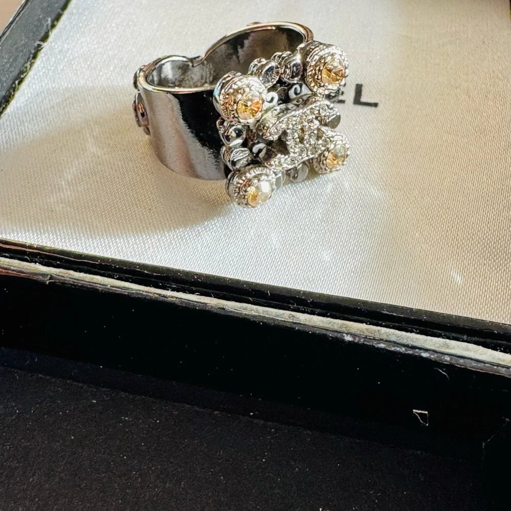 CHANEL Silver and Black Crystal Ring